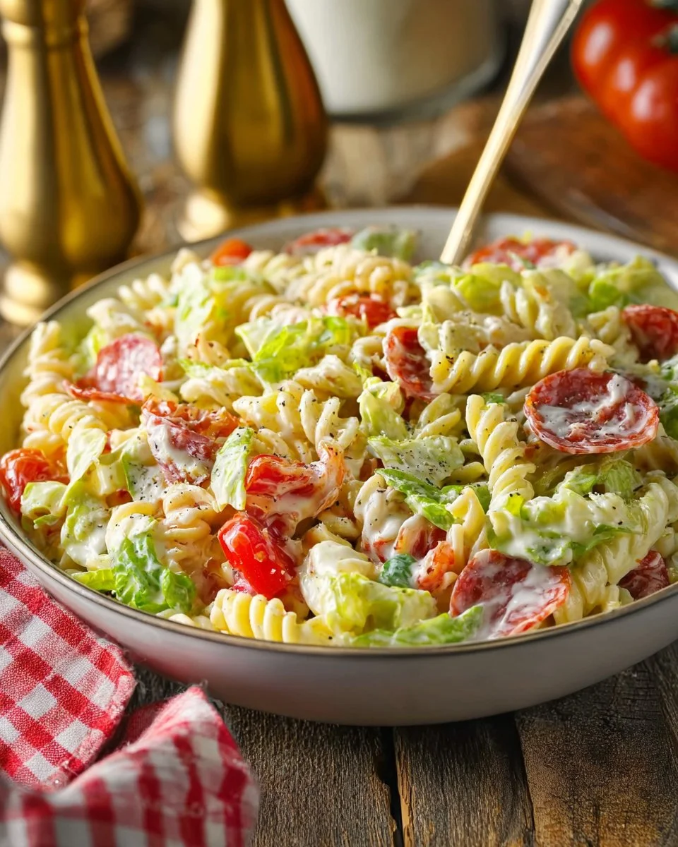 Colorful Grinder Pasta Salad with vegetables and dressing in a bowl