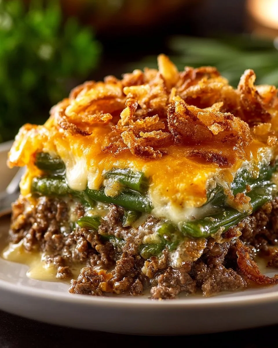 Delicious Hamburger Green Bean Casserole served in a baking dish