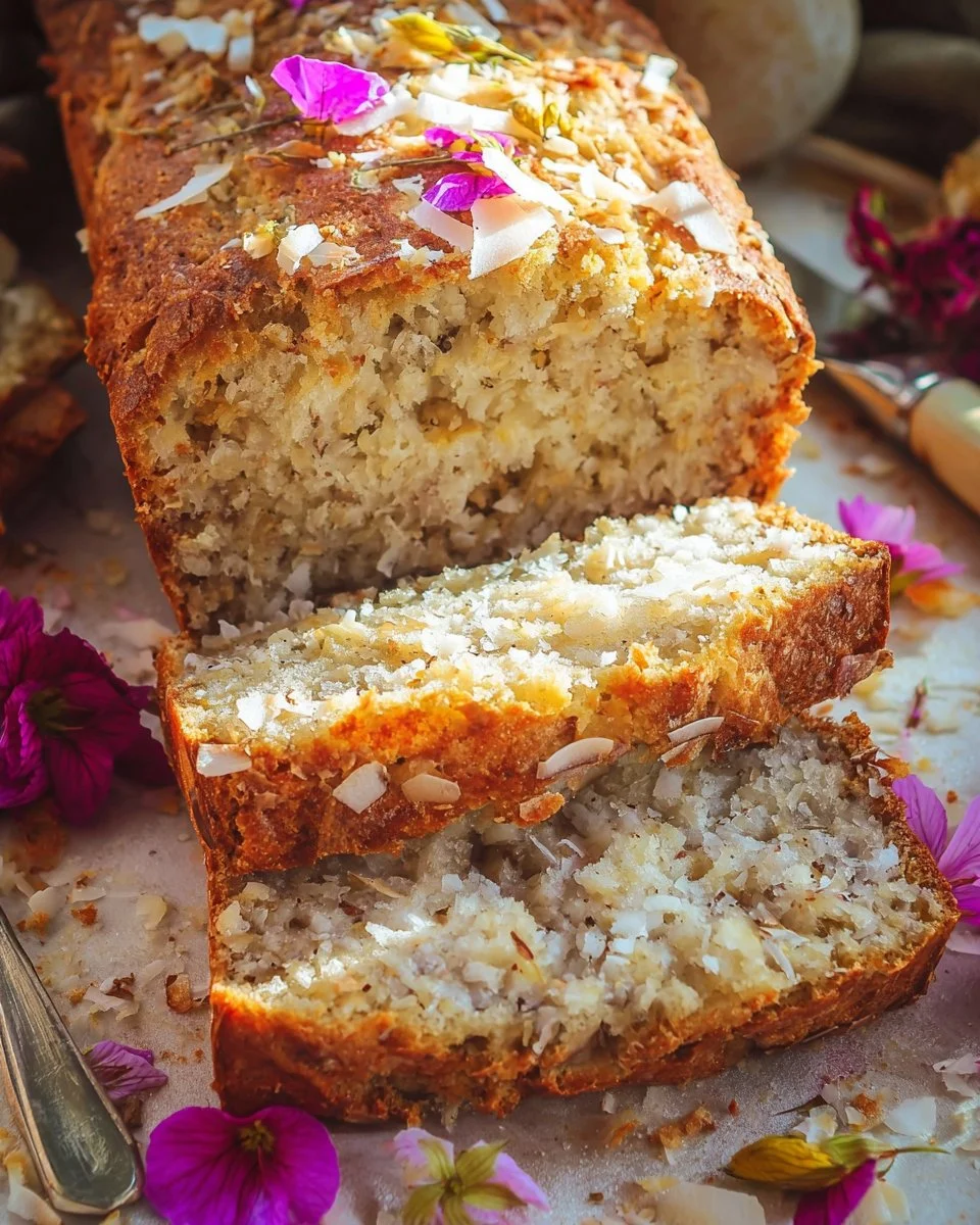 Hawaiian Banana Bread with pineapple, coconut, and macadamia nuts