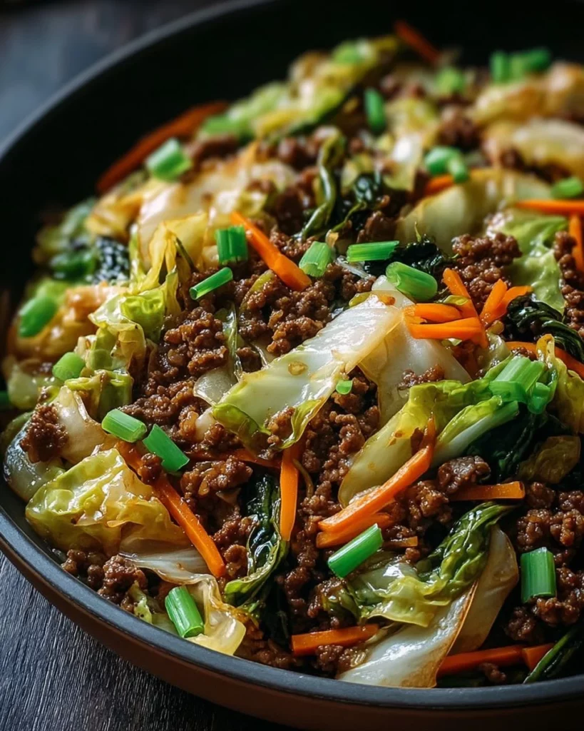 Healthy Chinese ground beef and cabbage stir-fry dish