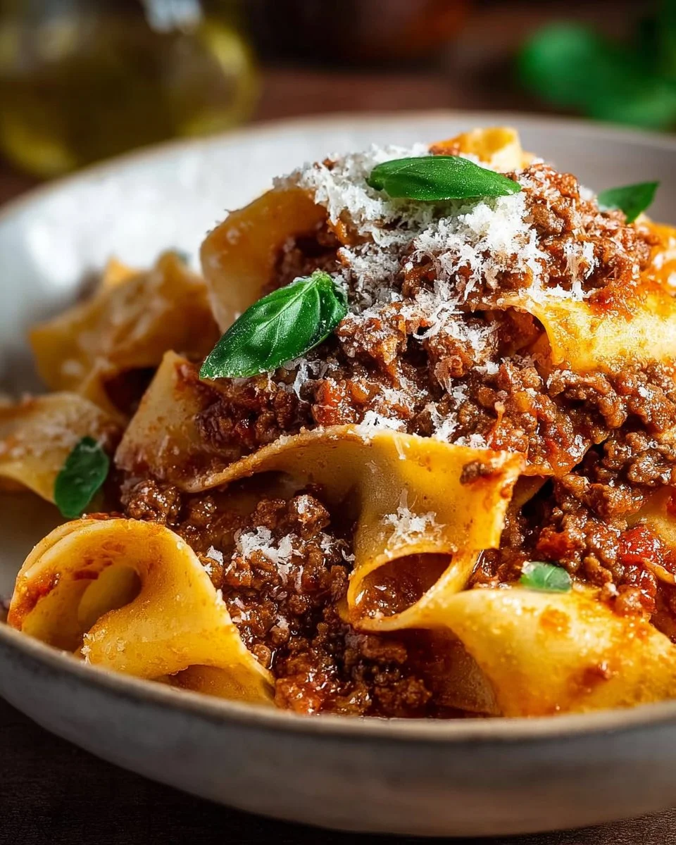 A bowl of hearty Pappardelle Bolognese topped with fresh herbs and grated cheese.