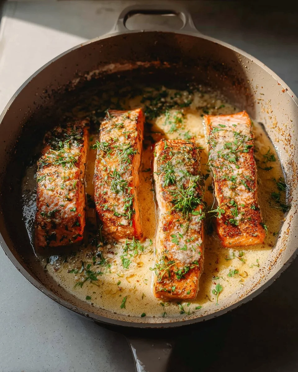 Delicious herb grilled salmon fillet served on a plate with fresh herbs and lemon.