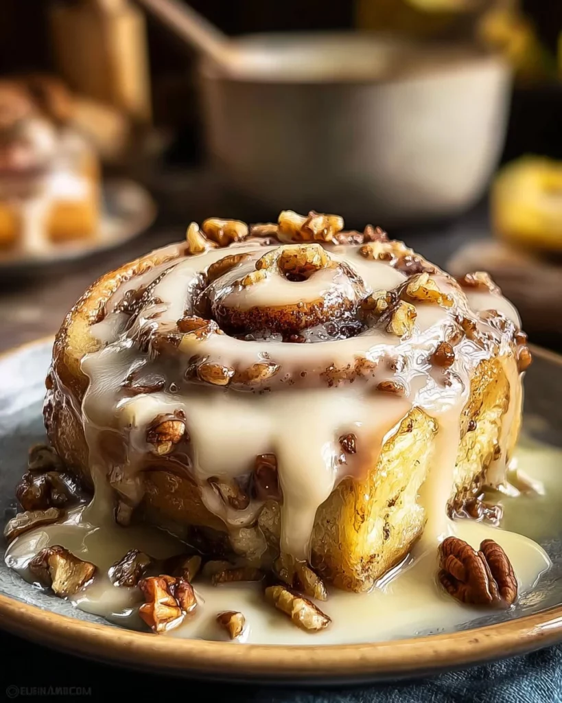Homemade banana cinnamon rolls fresh out of the oven with icing on top.