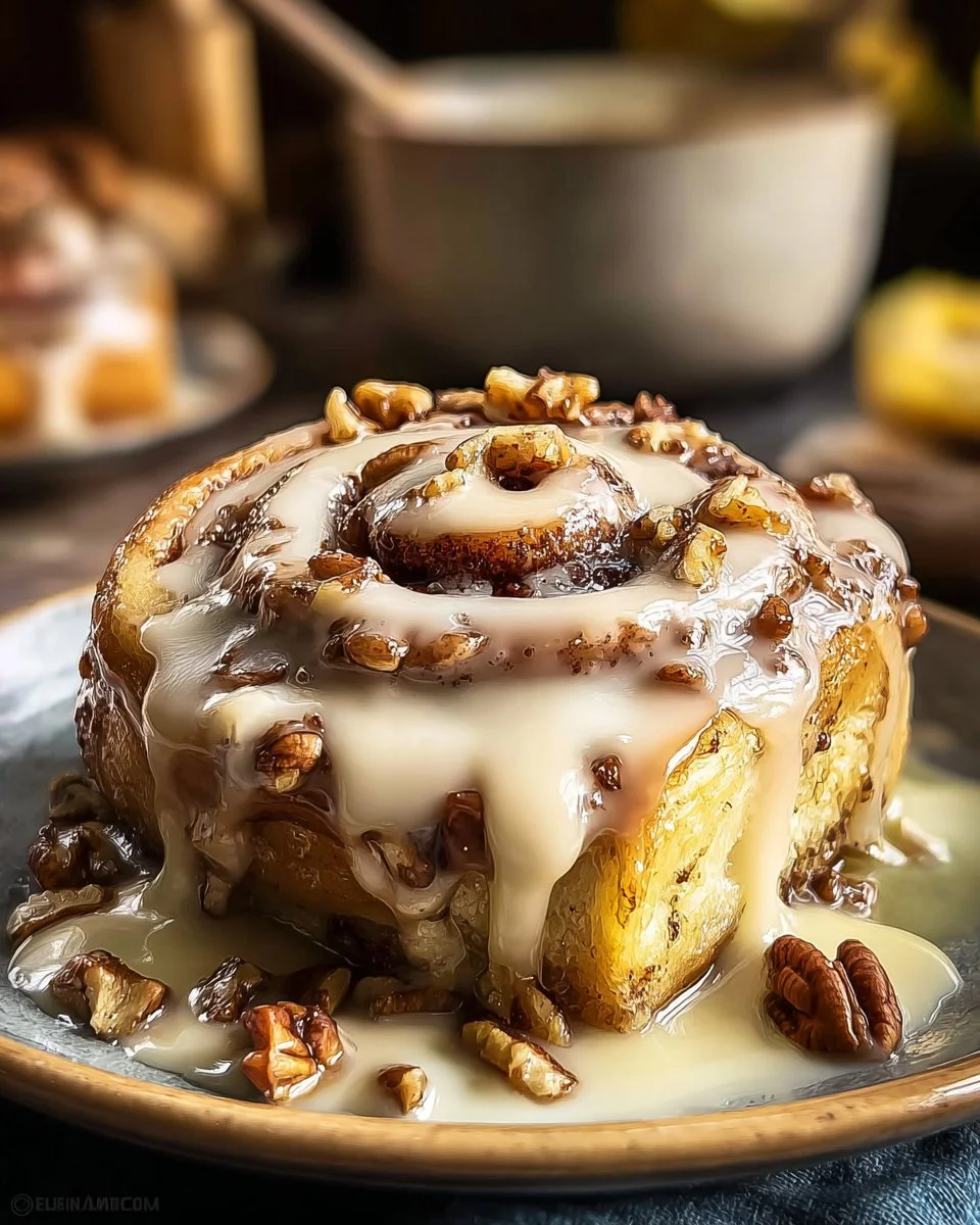 Homemade banana cinnamon rolls fresh out of the oven with icing on top.