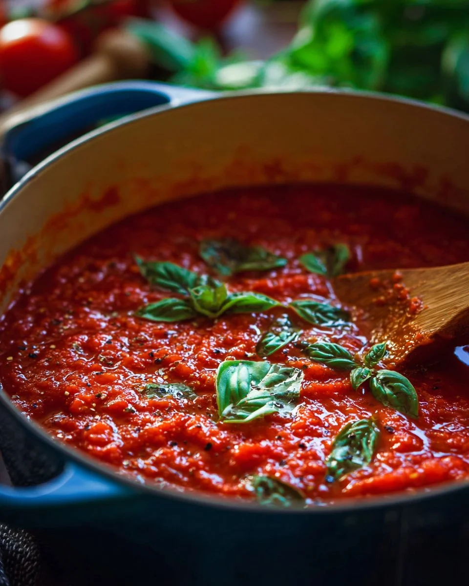 A bowl of homemade marinara sauce garnished with fresh basil.