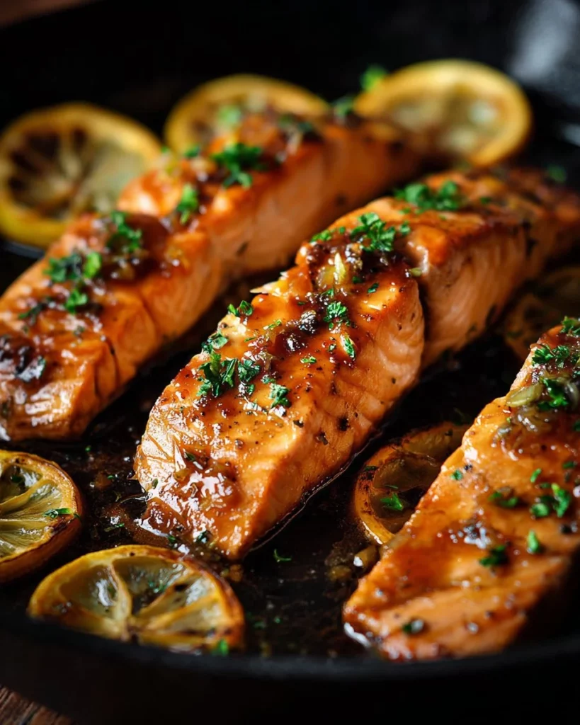 Delicious honey garlic salmon fillet served on a plate with vegetables