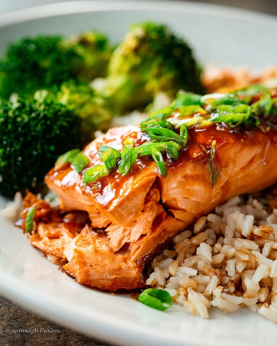 Honey Garlic Soy Glazed Salmon with vibrant garnish on a plate