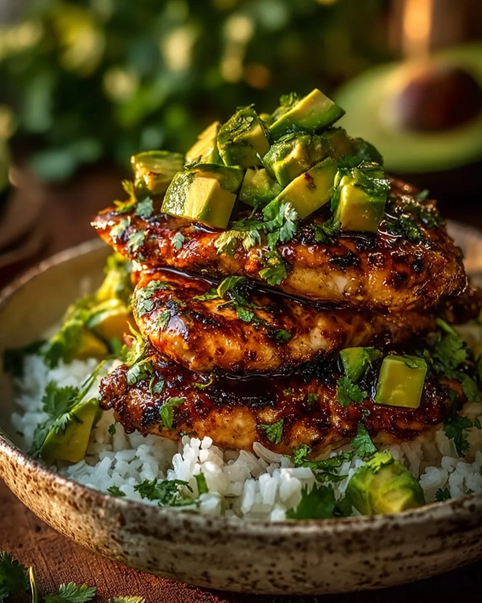 Honey Lime Chicken & Avocado Rice Stack ready to serve