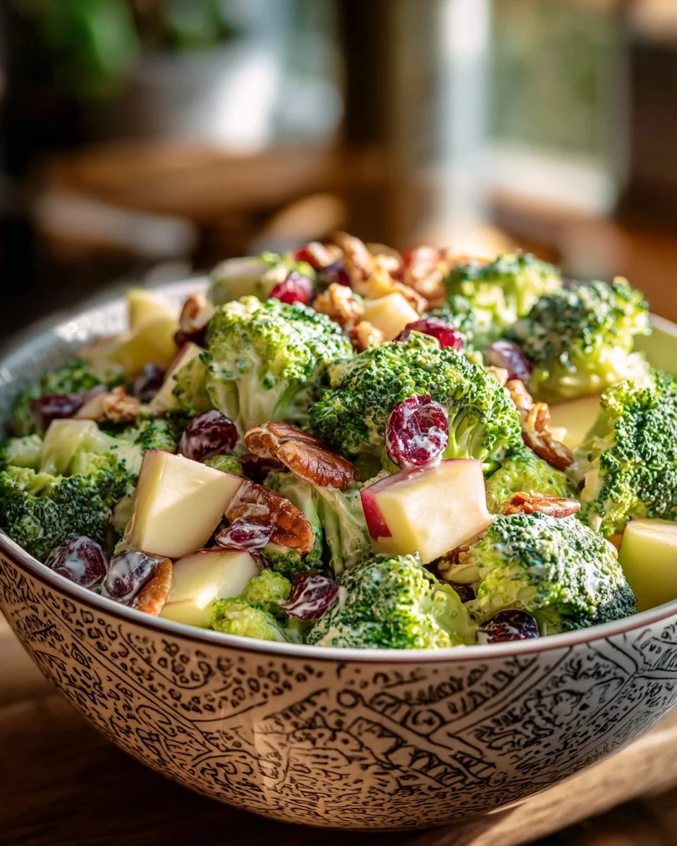 Fresh Honeycrisp Apple Broccoli Salad with nuts and dressing