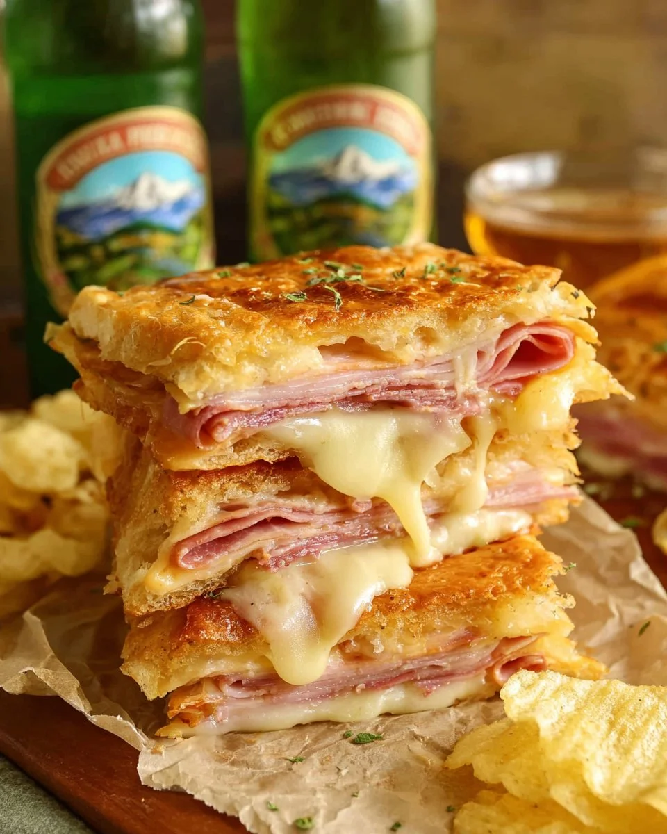 Hot ham and cheese crescent roll sandwiches ready to enjoy.