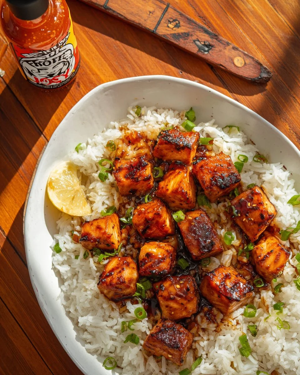 Hot Honey Garlic Salmon Bites served on a platter with garnishes