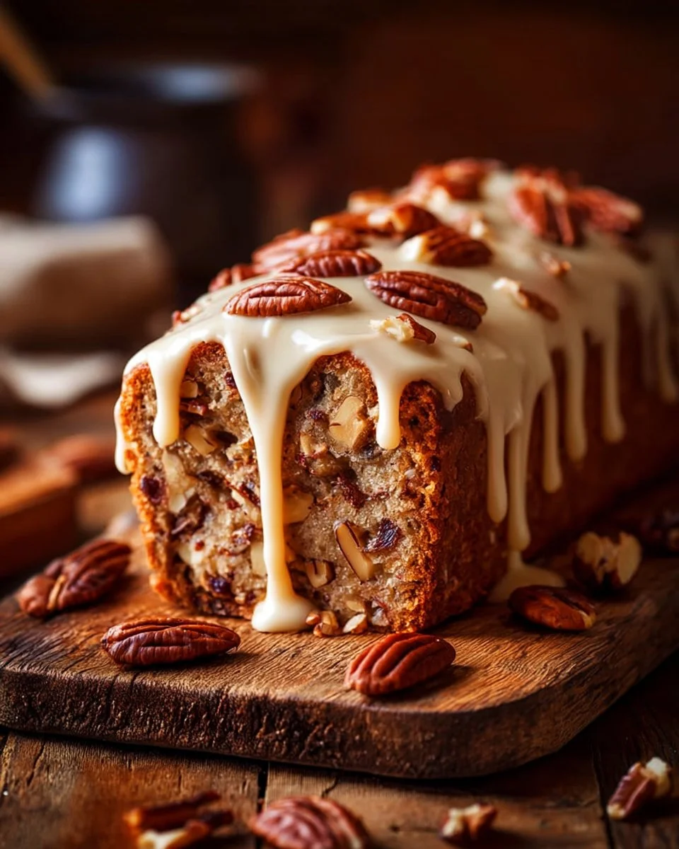Slice of Hummingbird Bread topped with creamy cheese frosting on a plate.