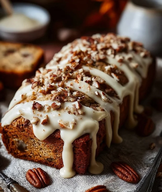 Hummingbird Bread with cinnamon cream cheese frosting on a rustic wooden table.