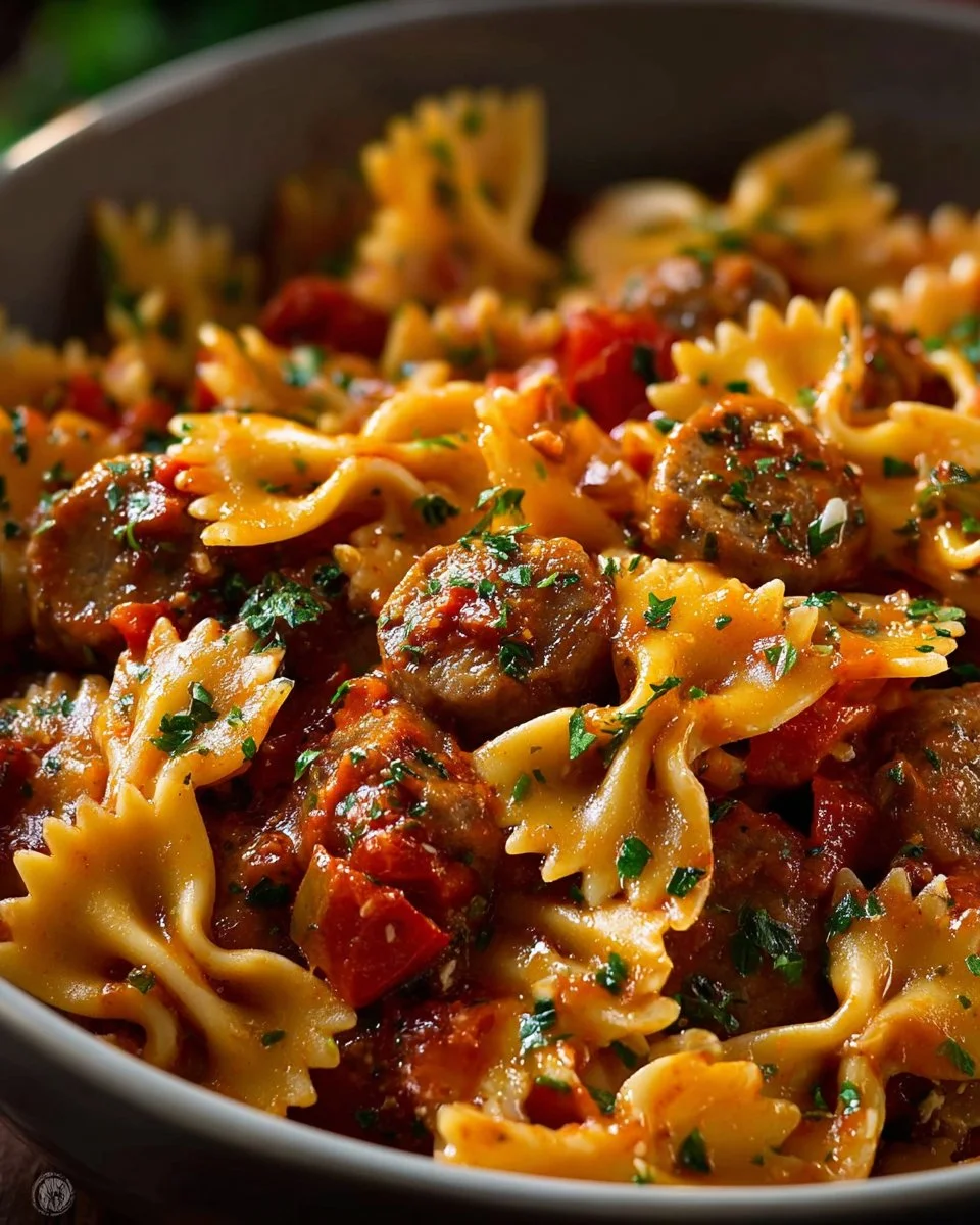 A plate of Italian Sausage Pasta topped with fresh herbs and cheese.