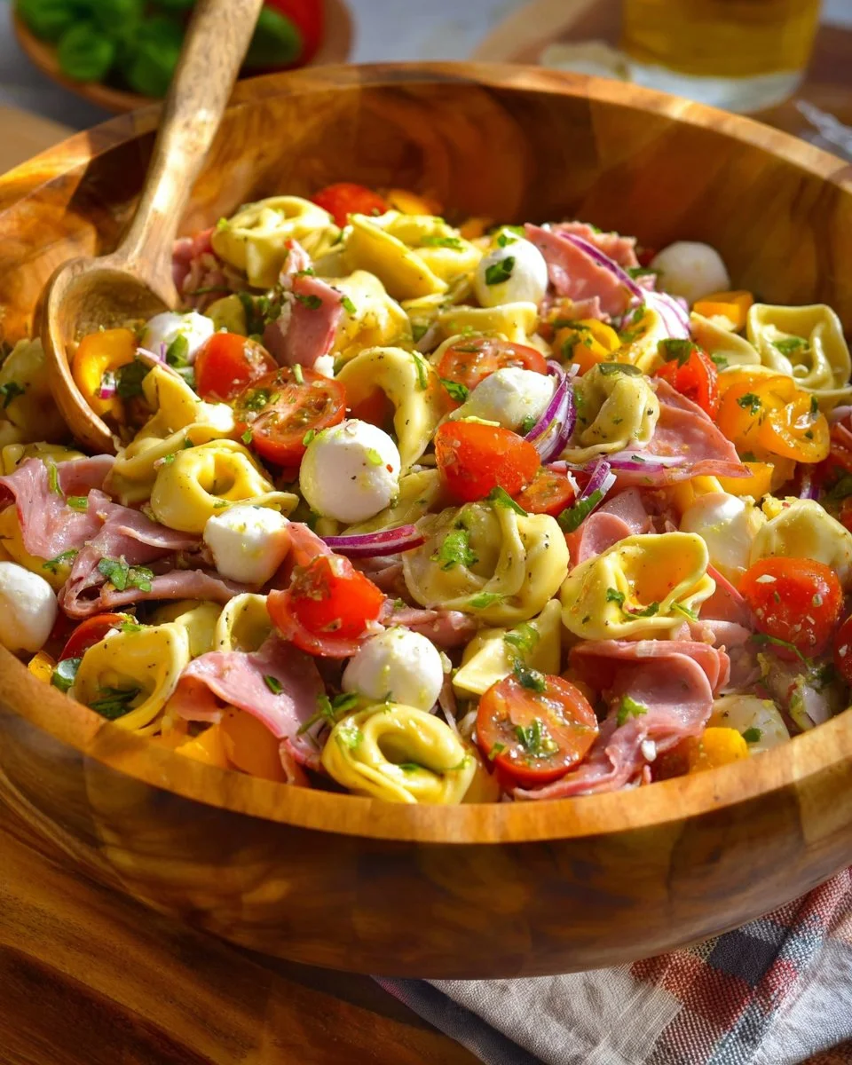 A vibrant Italian tortellini pasta salad with colorful vegetables and dressing.
