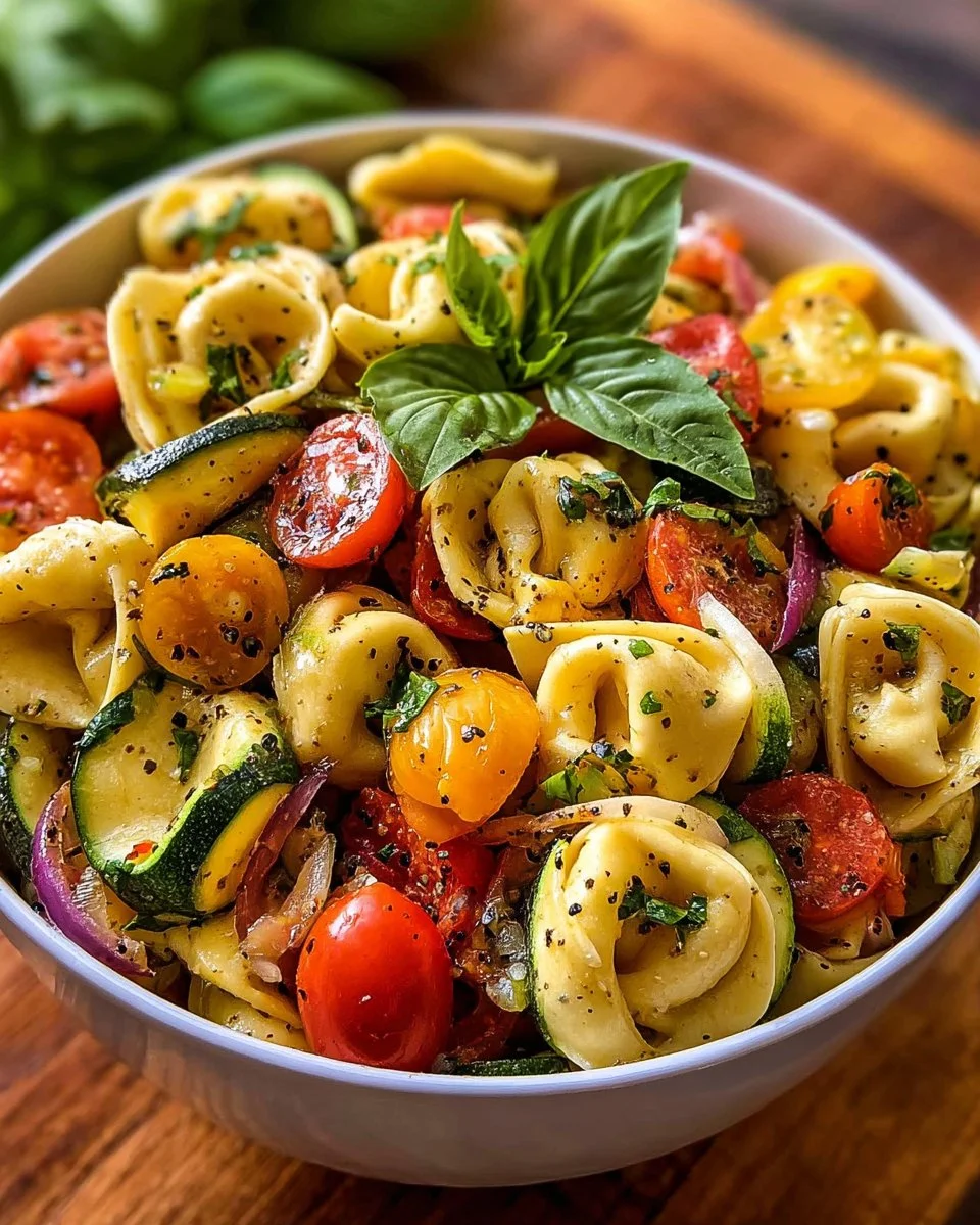 Italian tortellini salad with fresh veggies in a colorful bowl