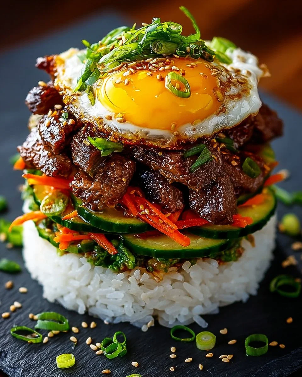 Korean BBQ Beef Rice Stack topped with greens and sesame seeds