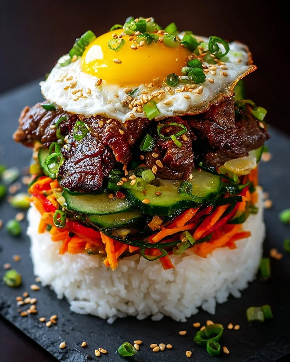 Korean BBQ Beef Rice Stack with grilled beef and vegetables