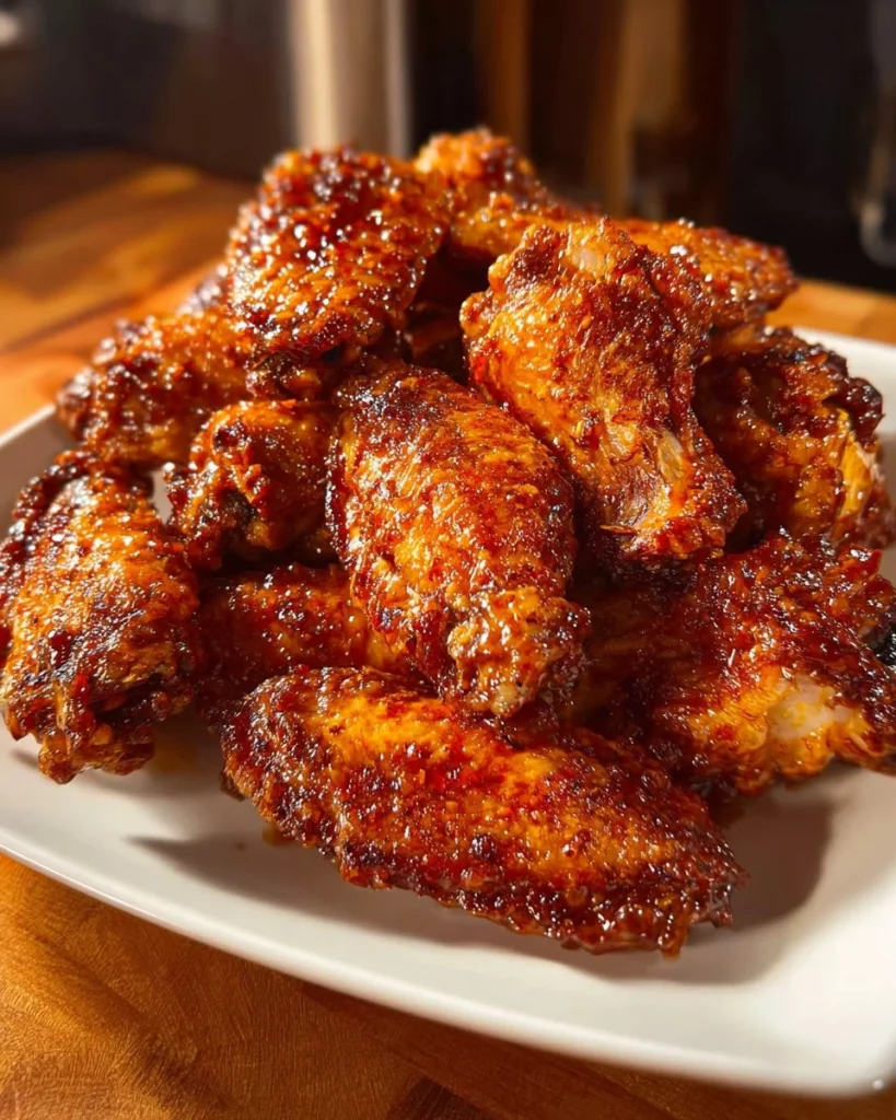 Plate of crispy Korean BBQ wings drizzled with savory sauce