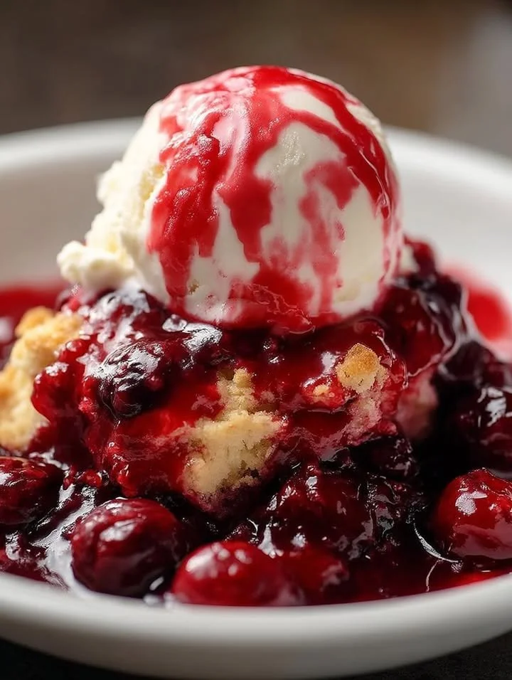 Delicious layered cherry cobbler dessert topped with fresh cherries