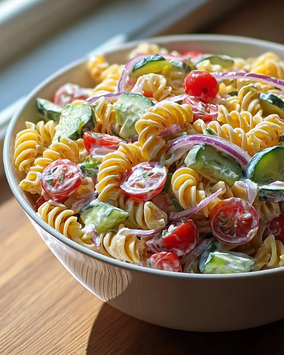 Layered pasta salad bowl with fresh vegetables and colorful pasta.