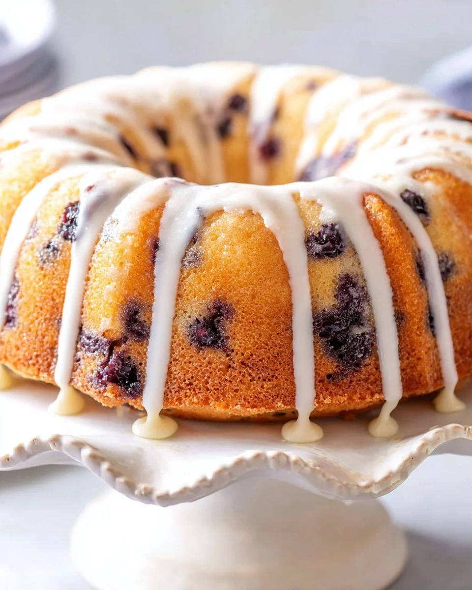 Lemon Blueberry Bundt Cake with vibrant blueberries and icing on top.