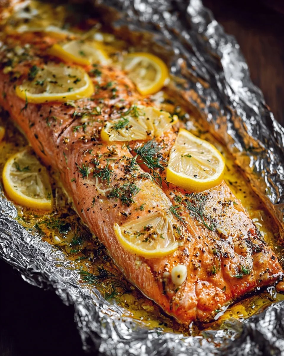 Plate of Lemon Butter Garlic Salmon garnished with herbs and lemon slices