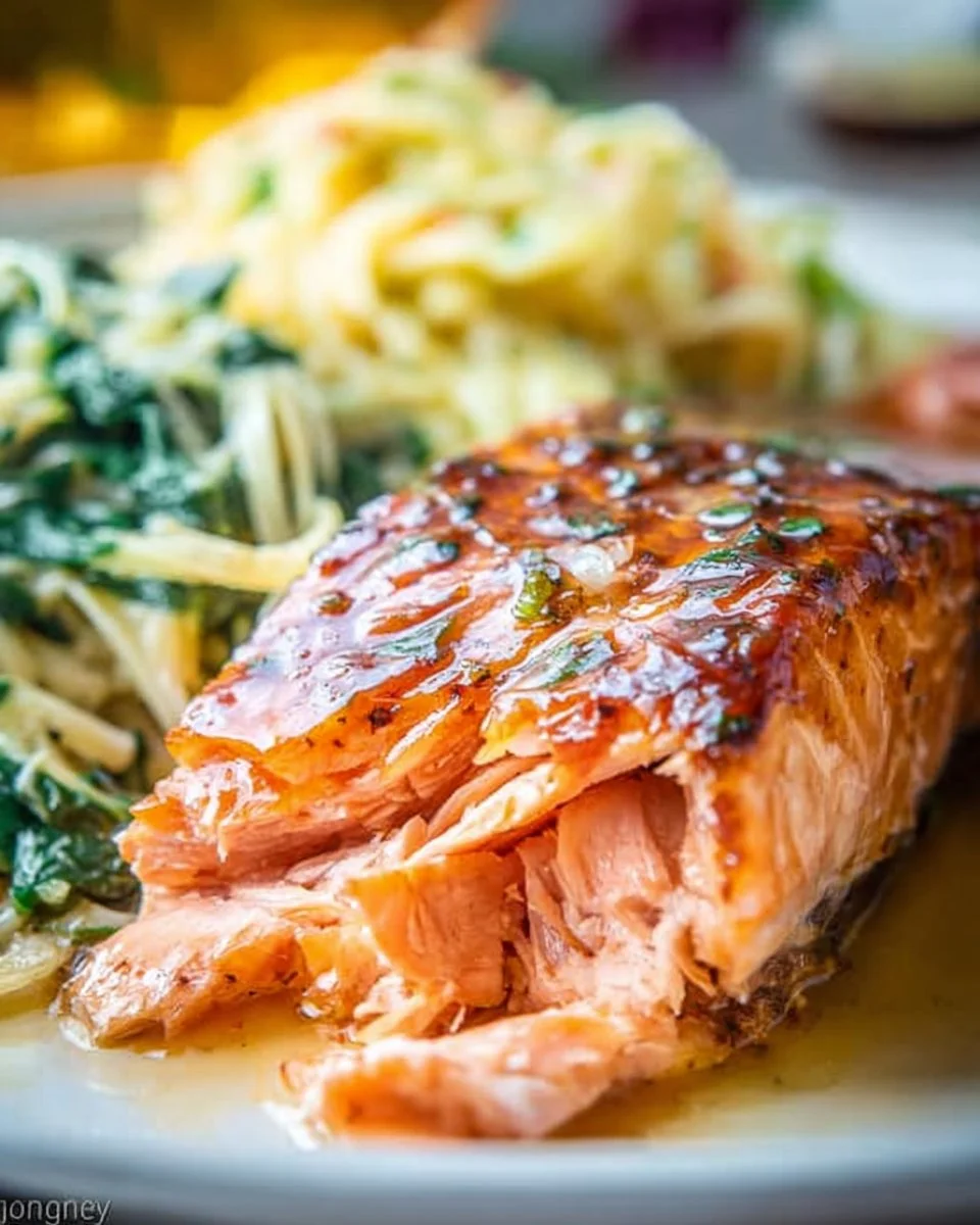 Lemon Butter Salmon dish garnished with lemon slices and herbs on a plate