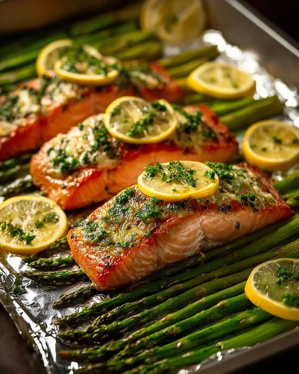 Lemon garlic butter salmon foil packs ready for serving, garnished with herbs.