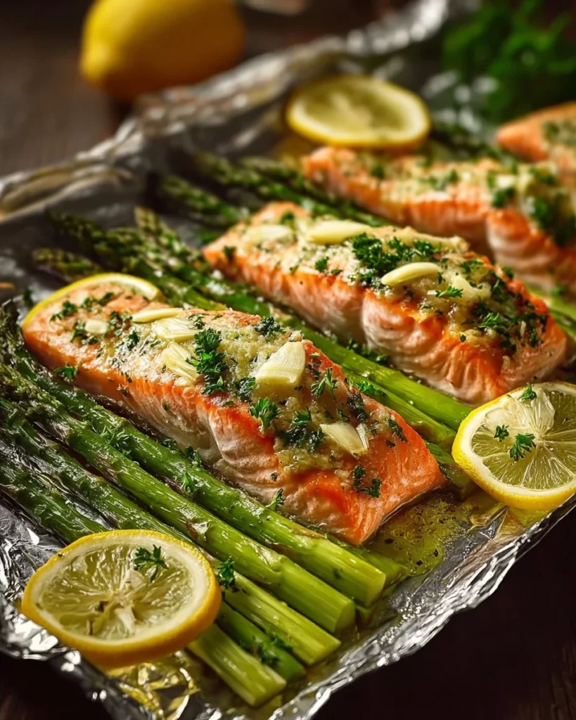 Lemon Garlic Butter Salmon Foil Packs ready to serve on a plate