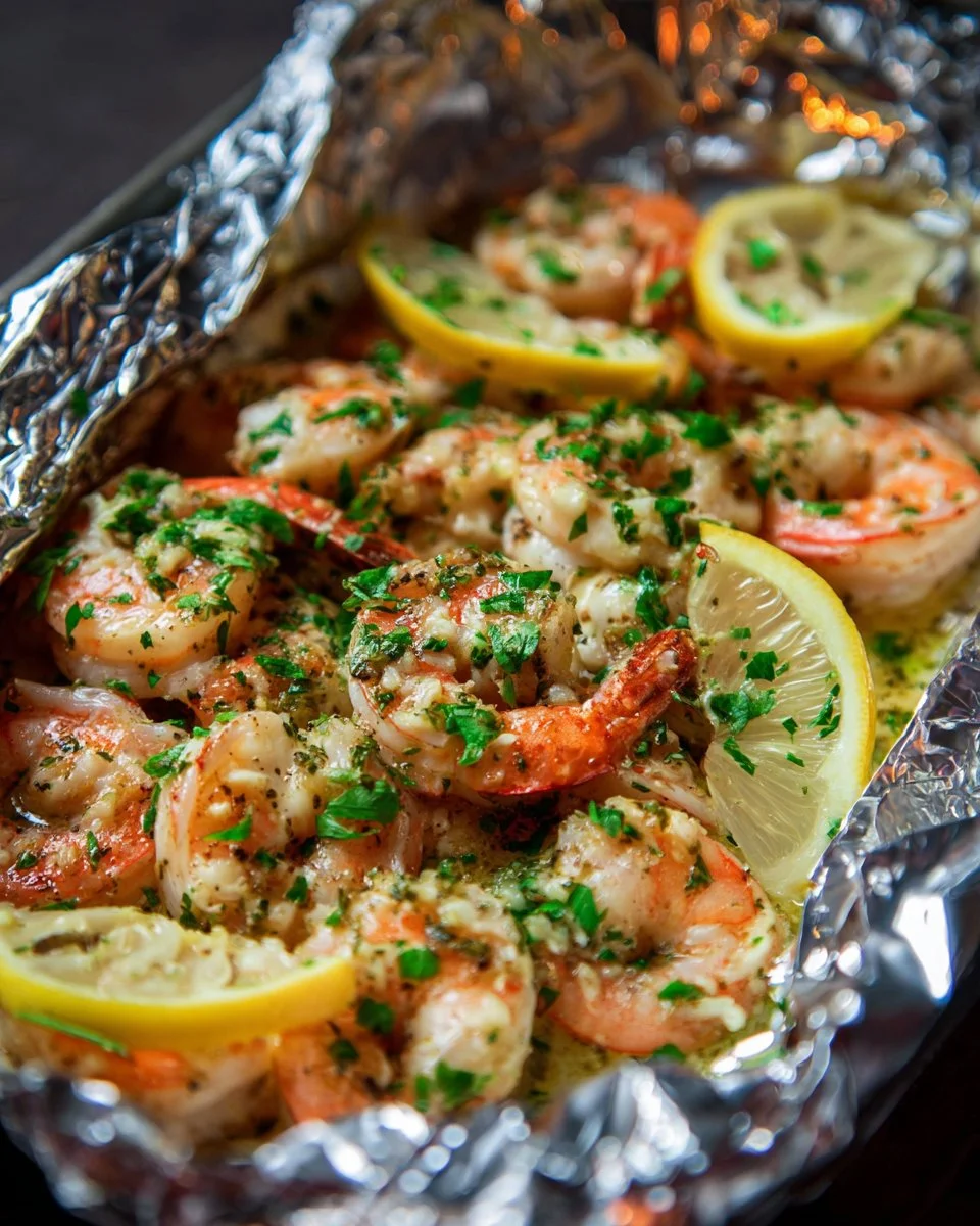 Delicious lemon garlic foil packet shrimp ready to be served.