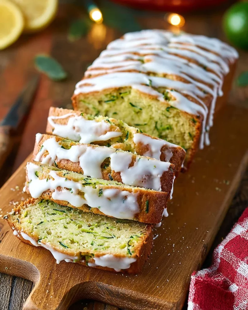 Slice of refreshing lemon zucchini bread on a wooden table