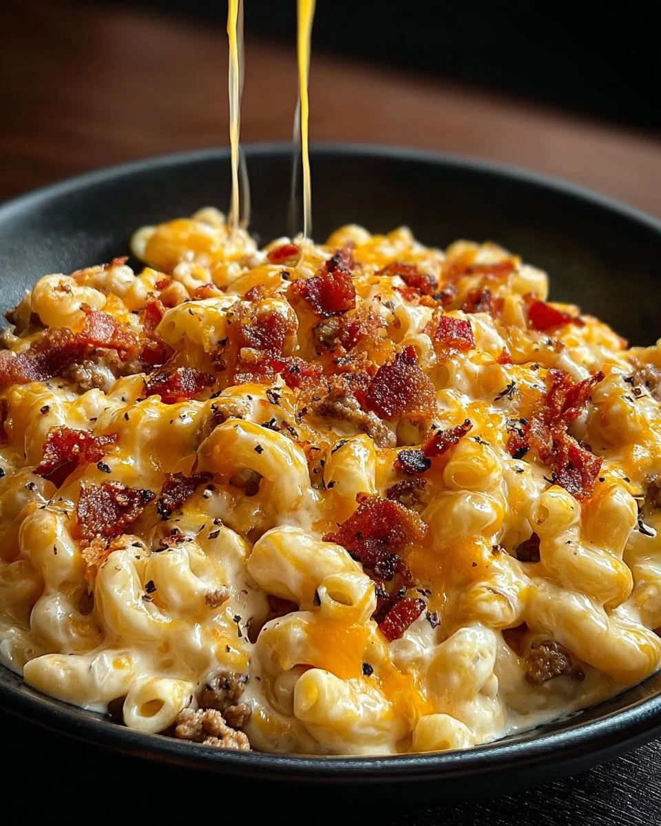 Loaded Bacon Cheeseburger Alfredo Pasta with crispy bacon and creamy sauce
