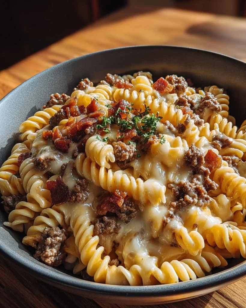 Loaded bacon cheeseburger pasta topped with cheese and crispy bacon