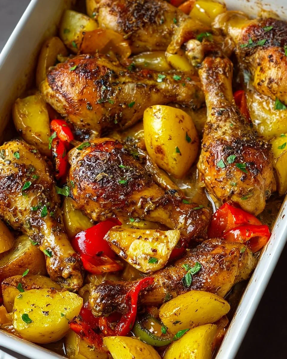 Loaded baked chicken drumsticks with herbed potatoes and peppers on a plate