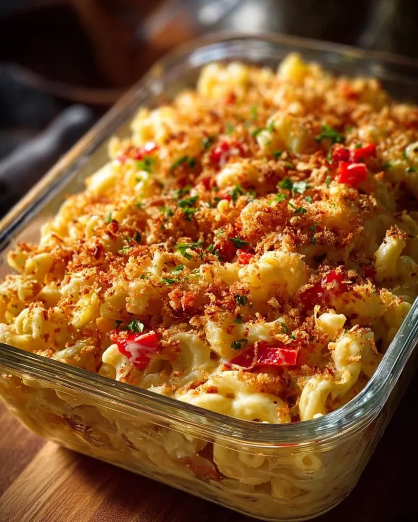 Delicious macaroni salad served in a bowl, garnished with herbs