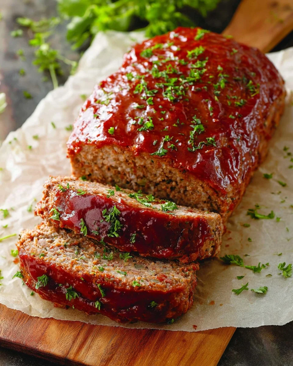 Delicious homemade meatloaf served with mashed potatoes and green beans