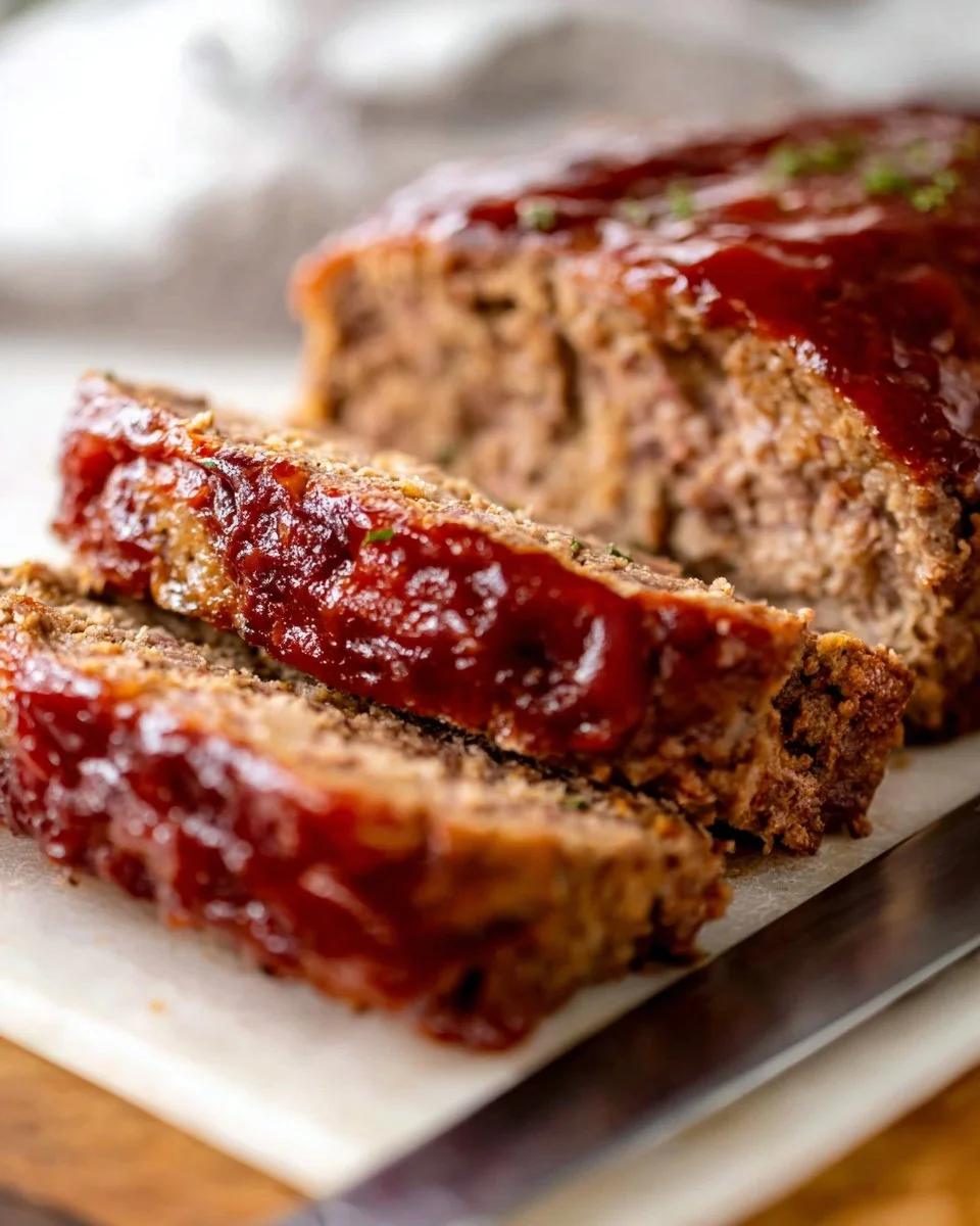 Delicious homemade meatloaf with a savory glaze and fresh herbs.