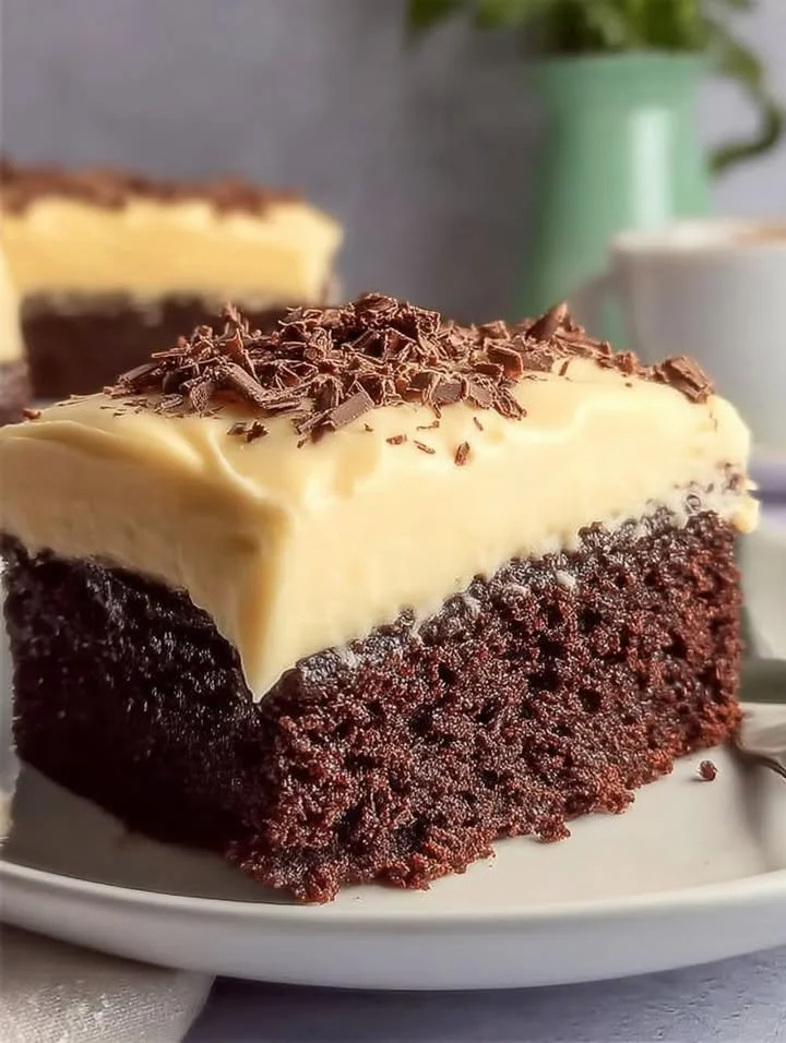 Moist chocolate cake slice topped with chocolate frosting on a white plate.