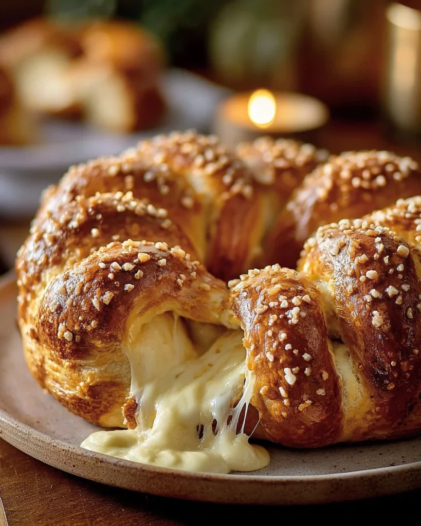 Close-up of mozzarella stuffed soft pretzels with melty cheese inside