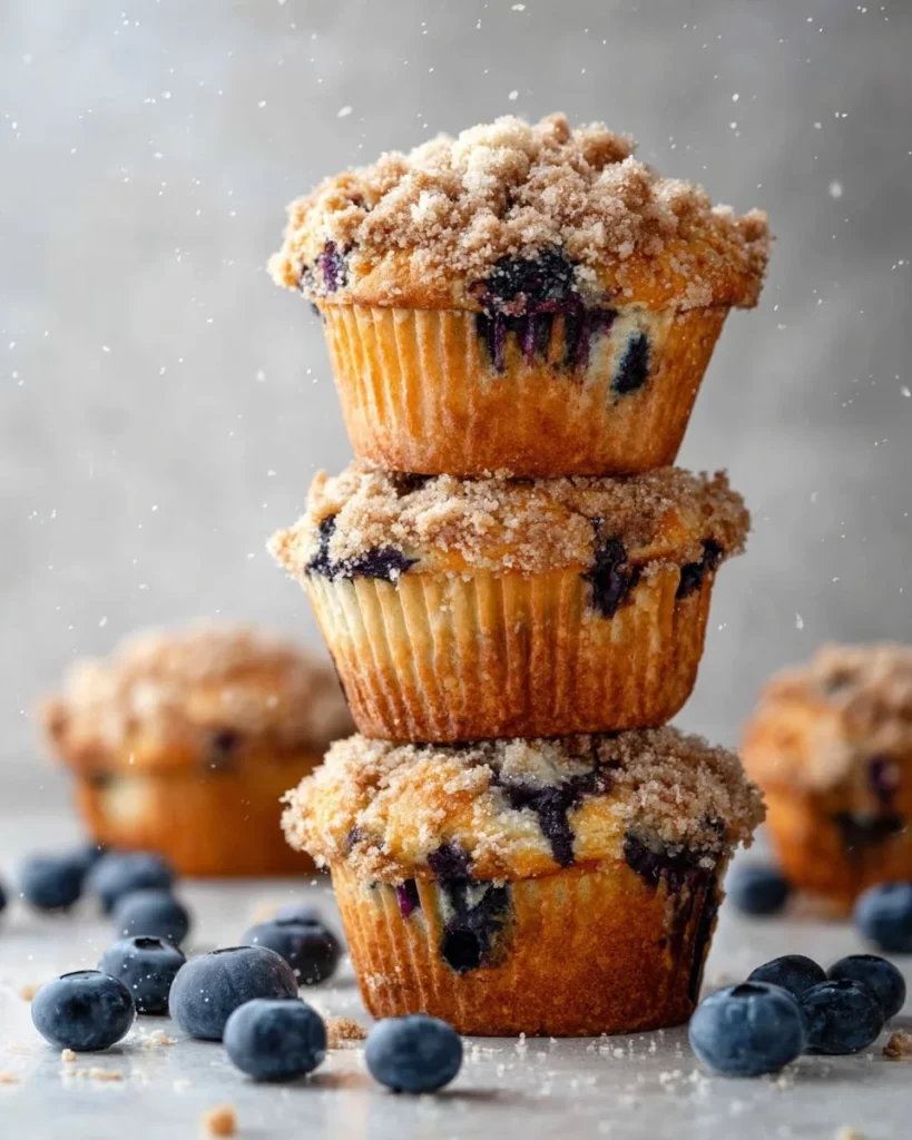 Freshly baked blueberry muffins with a golden crust and bursting blueberries