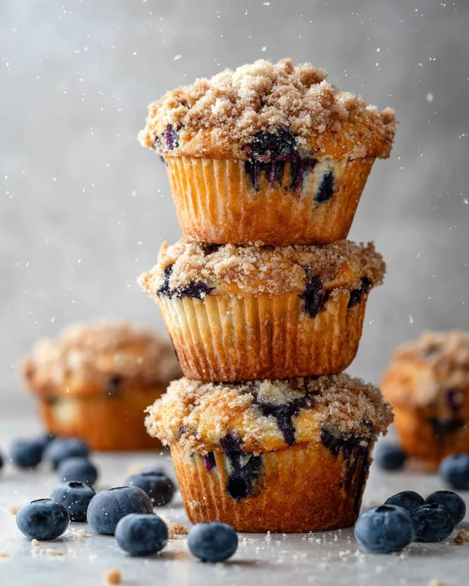 Freshly baked blueberry muffins with a golden crust and bursting blueberries