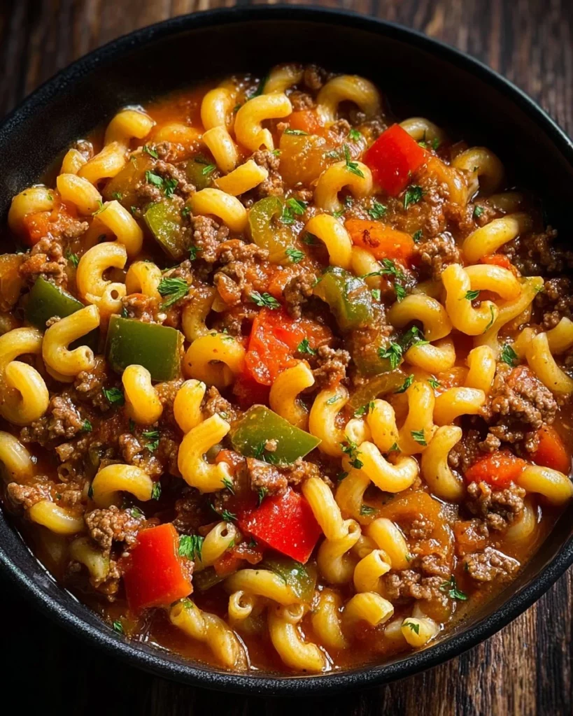 A bowl of Old-Fashioned Goulash Classic with pasta, meat, and vegetables