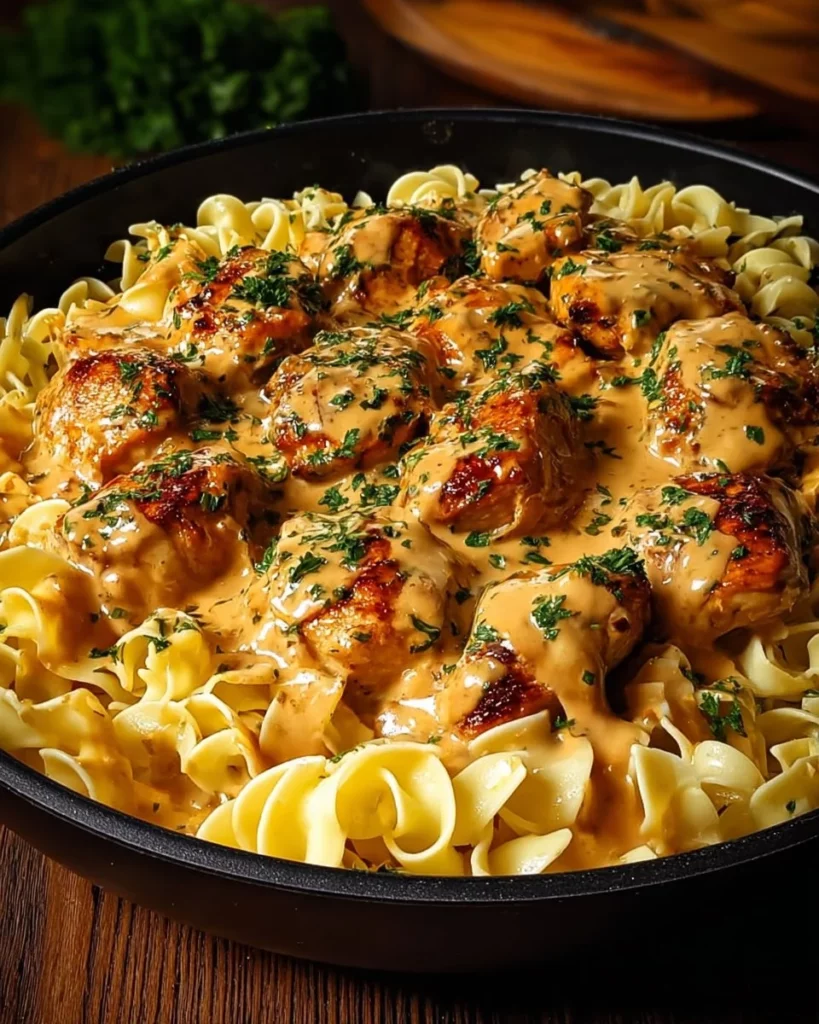 One-pan chicken served with buttered noodles for a quick and delicious meal.