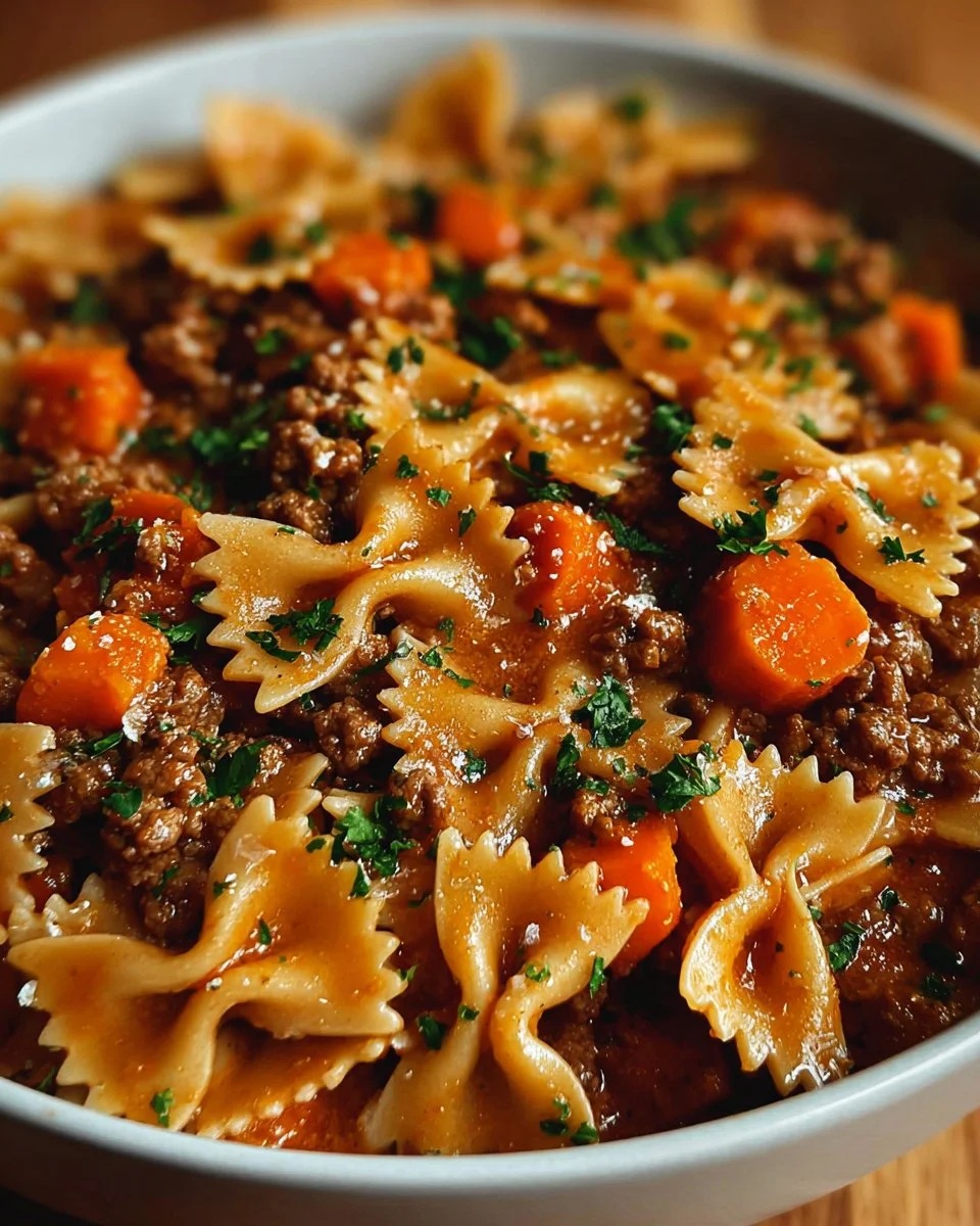 One-pot beef bowtie pasta served in a bowl with herbs and cheese on top.