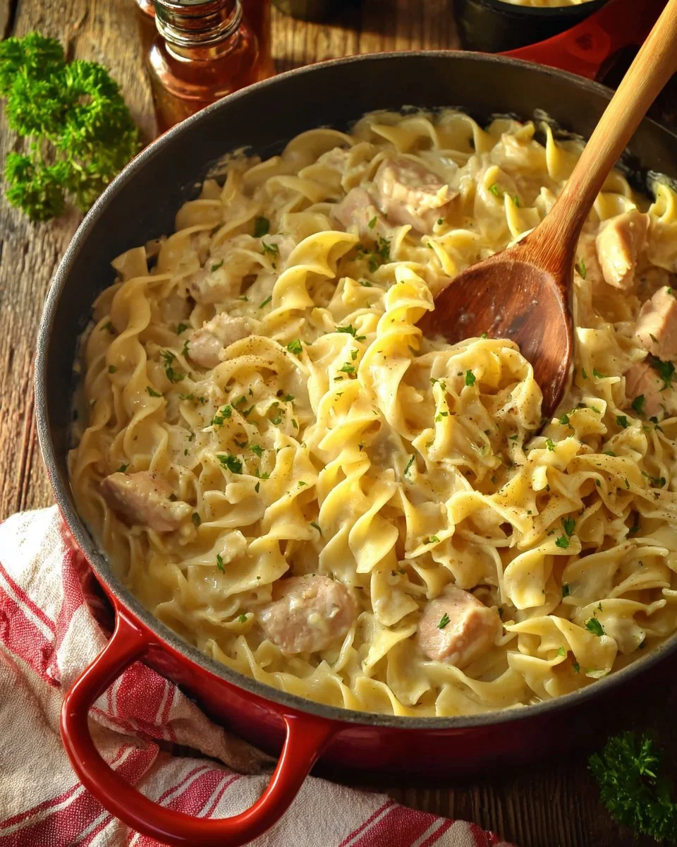 One pot chicken and noodles skillet dish with vegetables and herbs