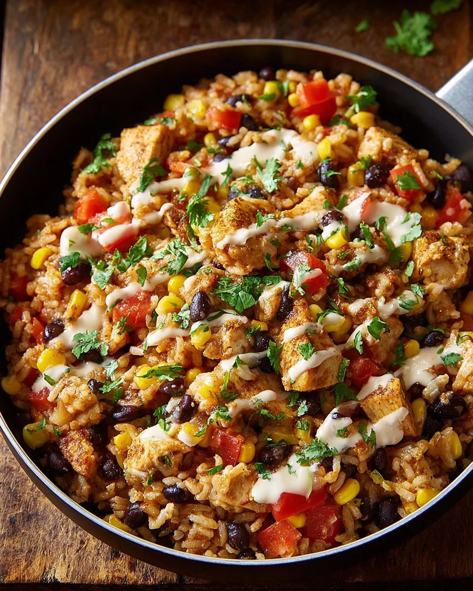One Pot Chicken Burrito Bowl meal with rice, beans, and chicken ingredients