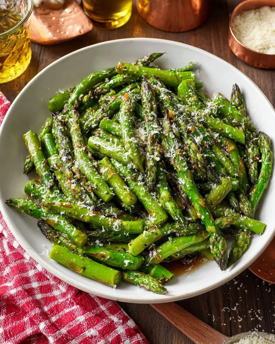 Delicious pan fried asparagus served on a plate garnished with herbs.