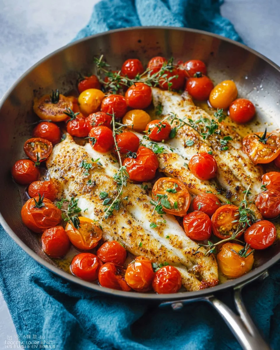 Plate with perfectly cooked pan-seared cod garnished with herbs