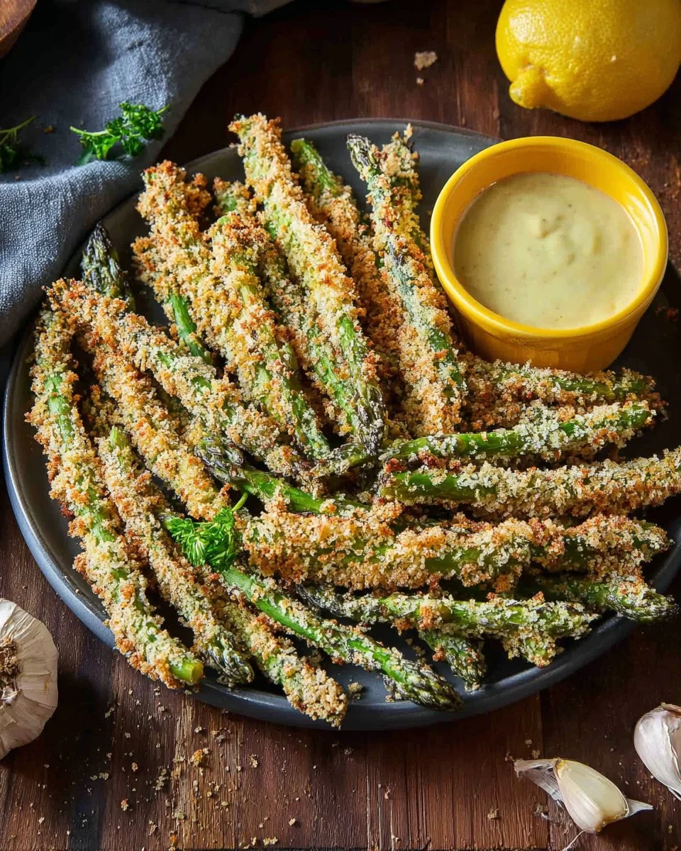 Crispy Panko Parmesan Asparagus garnished with lemon slices